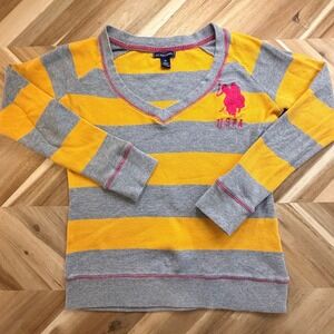 US POLO ASSN Women‎ M Striped L/S Thermal V Neck Shirt M Yellow Gray Pink Logo